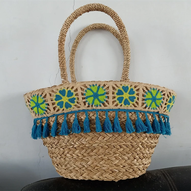 New collection of straw beach bags woven maize straw bags with ribbon decoration tote summer beach bag