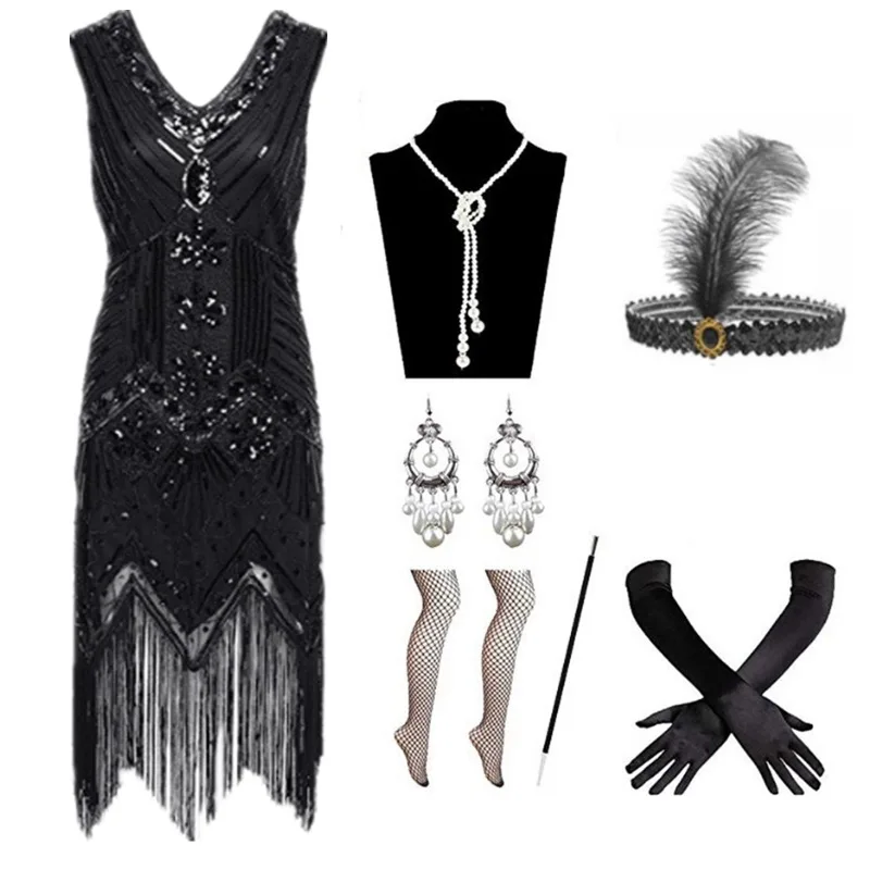 1920s Flapper Dress With Accessories Set - Gatsby Party Costume, Beaded Fringed Black Dress - View #13