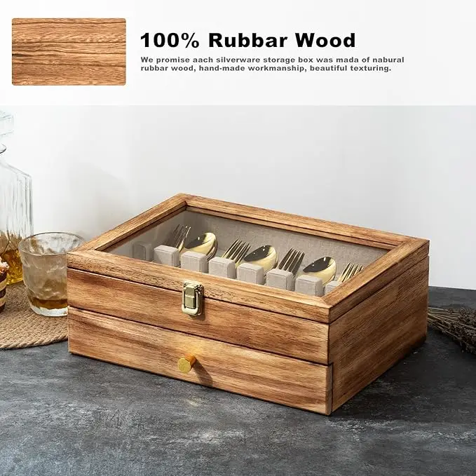 product wooden silverware chest with glass lid 2 drawer flatware storage box felt lined cutlery organizer for kitchen dining utensils-3