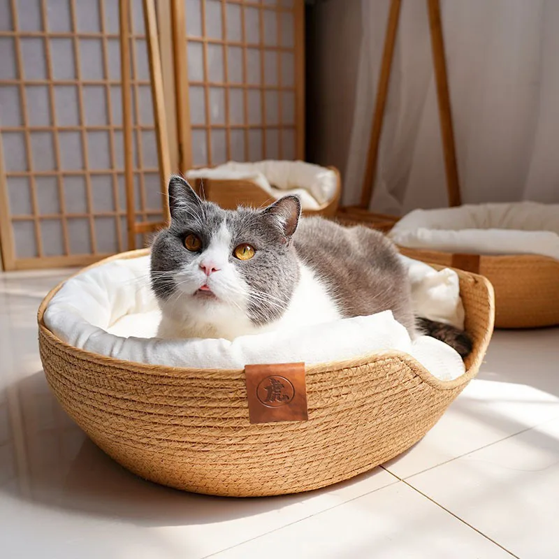 MB1 New Eco Friendly Rattan Pet Bed Plush Round Rattan Cat Cushion Deep Sleep Cat Dog Sofa Bed Rattan Woven Pet Bed