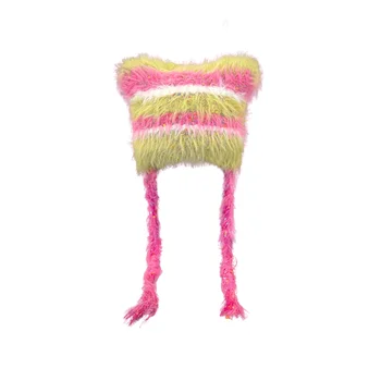 Custom Knit Beanie Warm Winter Women Mohair Cuffed Y2K Knitted Bear Ears Beanie Hat with String