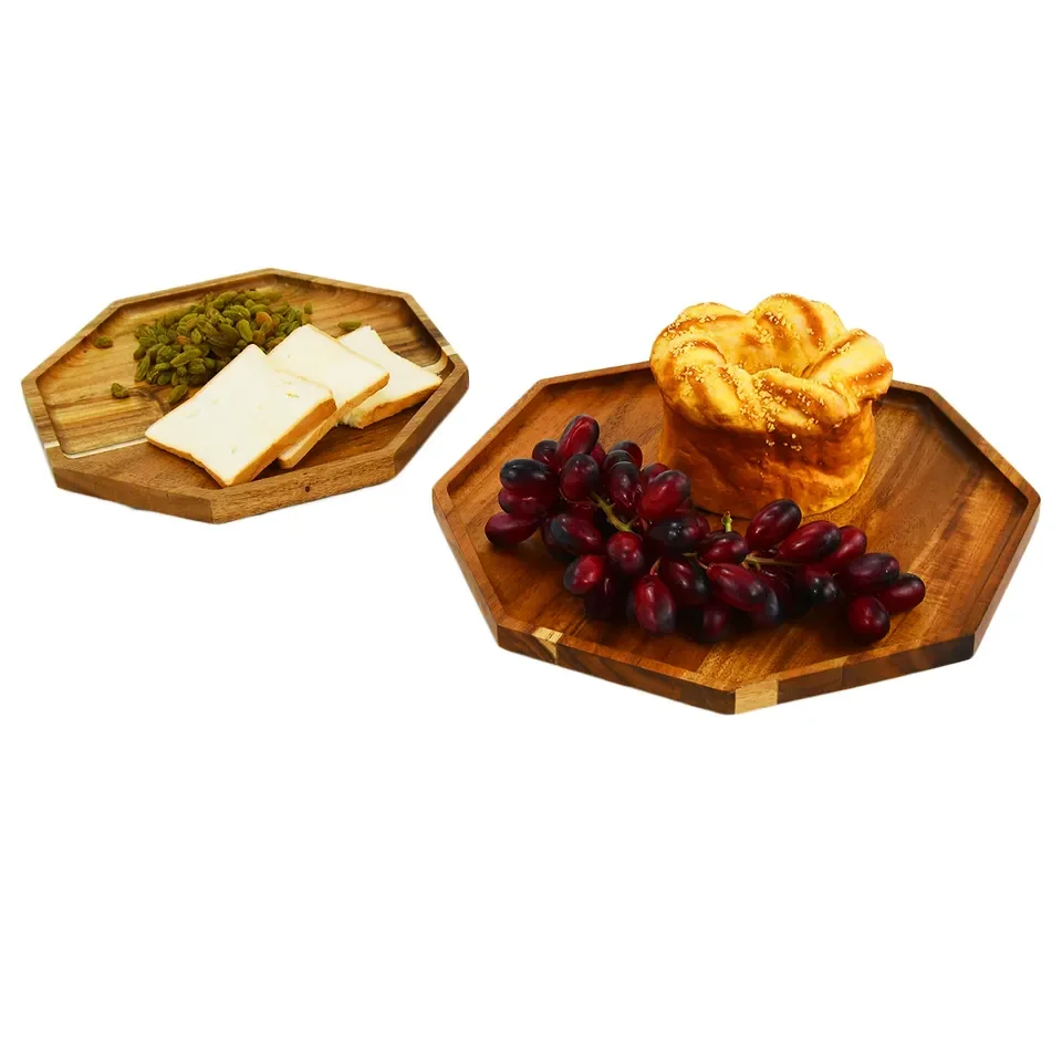 2 Pieces Tea Food Platter And Coffee Platter Eight Sided Shape Acacia Wood Serving Tray