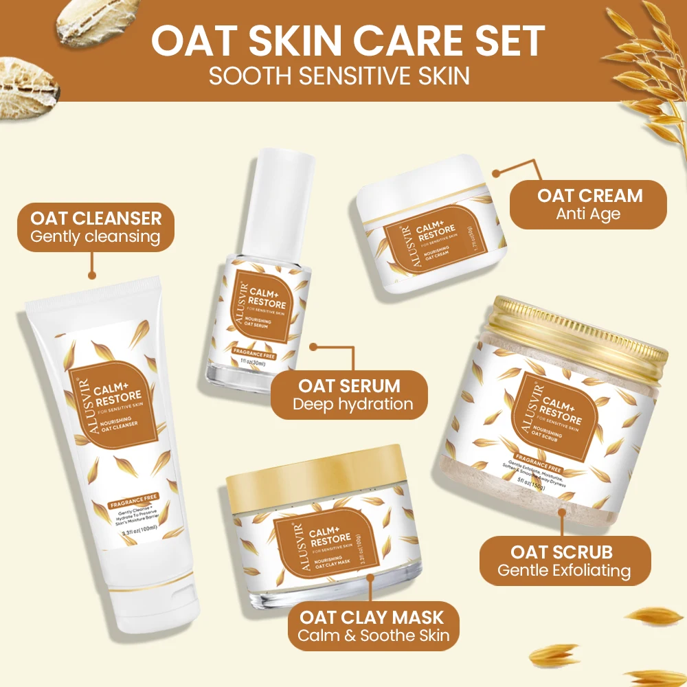 Korean Face Beauty Products Oat Skin Care Set Natural Facial Cleanser Serum Moisturizer Cream Clay Mask Body Scrub Skincare Set