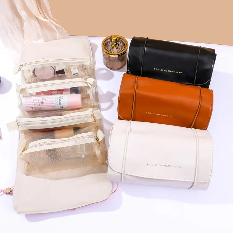 1pcs Leather Portable Roll-Up Compartment Cosmetic Bag Multipurpose Storage Bags