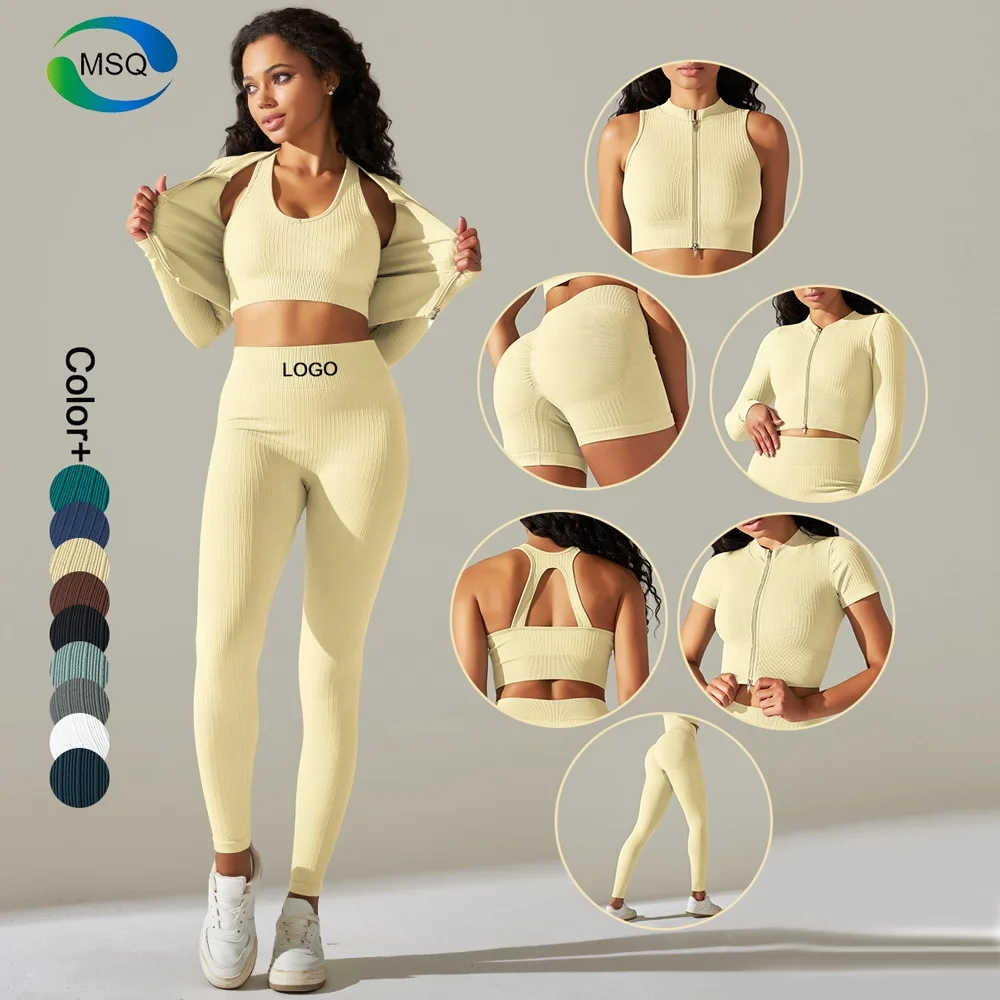 Custom Logo 6 Pieces Seamless Women Yoga Suits Ribbed Zipper Gym Fitness Activewear Sports Bra Top and Yoga Leggings Sets