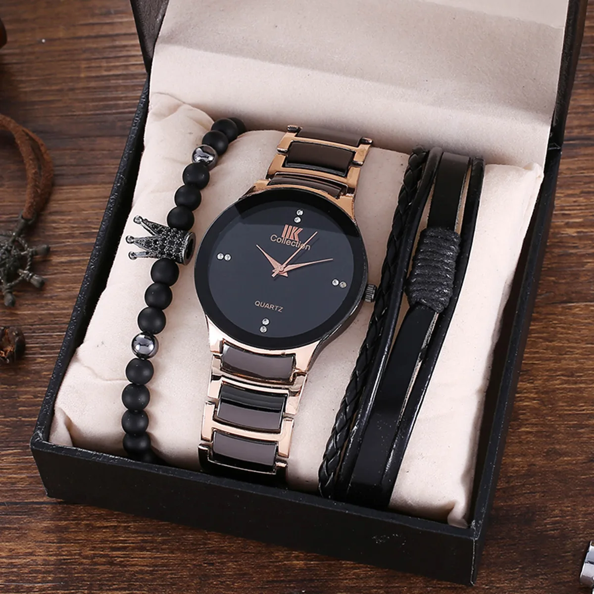 3Pcs Men's Fashion Stainless Steel  Set Trendy Business Elegant British Style Steel Band Quartz Watch and Bracelet Set