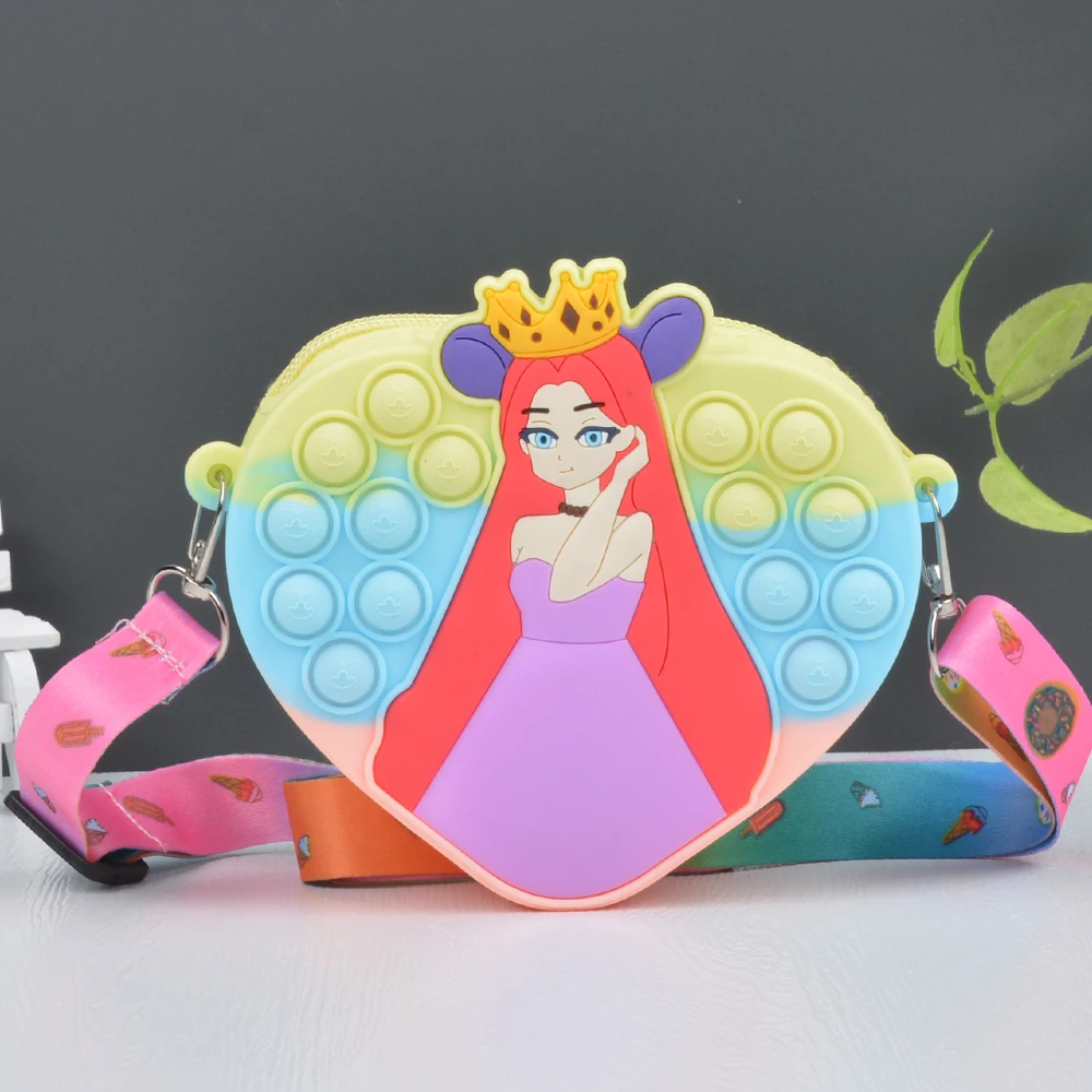 Custom cheap good cartoon adjustable shoulder strap silicone coin purse cute princess wallet bag girl silicone handbag