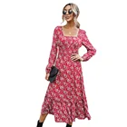 Hot Women European And American Retro Hot Sale Fashion Square Collar Long Sleeve Casual Sexy Dress Women