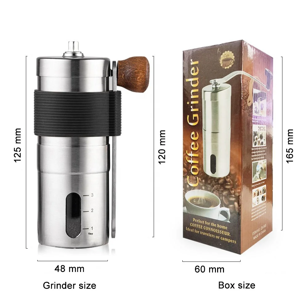 Moedor de café manual em aço inoxidável 304 com alça manual, caixa transparente com balança para café