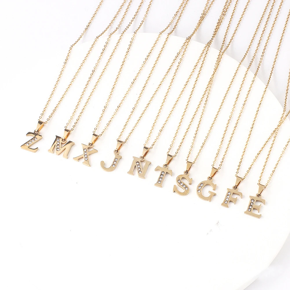 时尚水钻首字母不锈钢女士黄金字母英文珠宝链项链