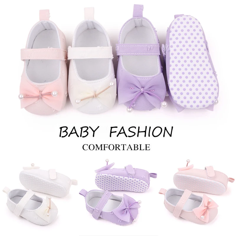 New Solid Color Pearl Yarn Bow Soft Soled Non-slip Princess Toddler Shoes for Baby Girls manufacture