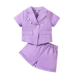 New arrival toddler girls boutique clothing sets solid coats tops+shorts kids two piece suits little girls clothes