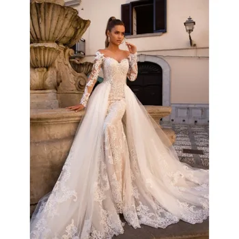 2020 Vintage Lace Wedding Dress with Detachable Train 2 in 1 Long Sleeves Bridal Gowns for Wedding