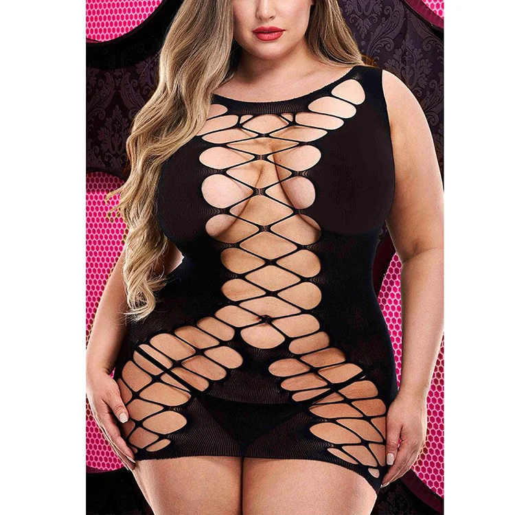 Vaqua Womens Plus Size Lingerie Fishnet Dress Seamless Outfit Mesh