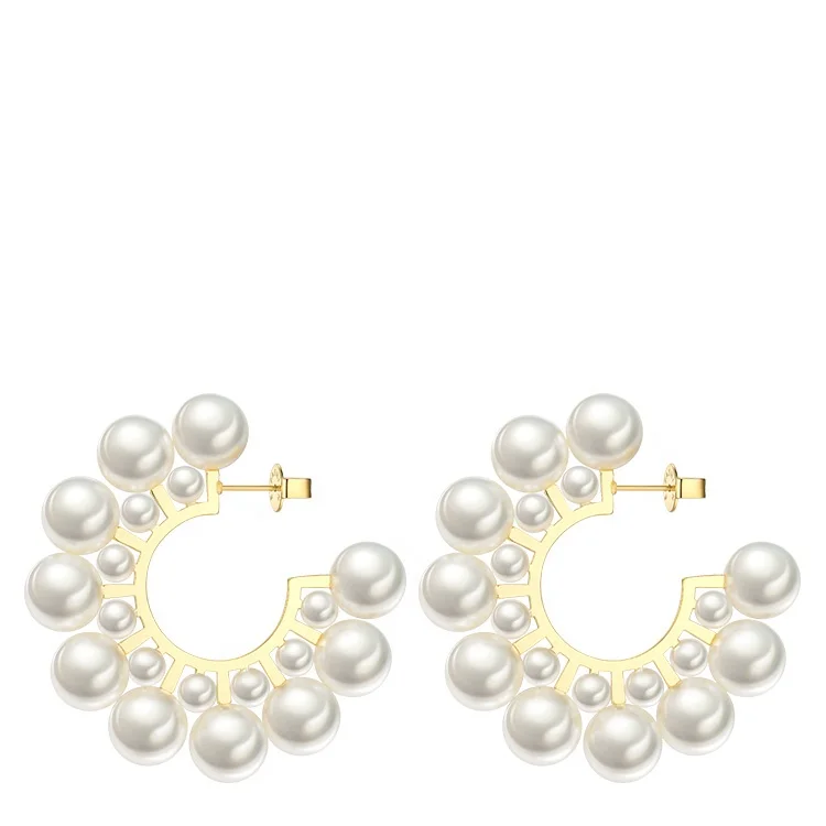 High Quality 18K Gold Plated Stainless Steel Jewelry Big Circle Imitation Pearl Hoop Earrings EB181094