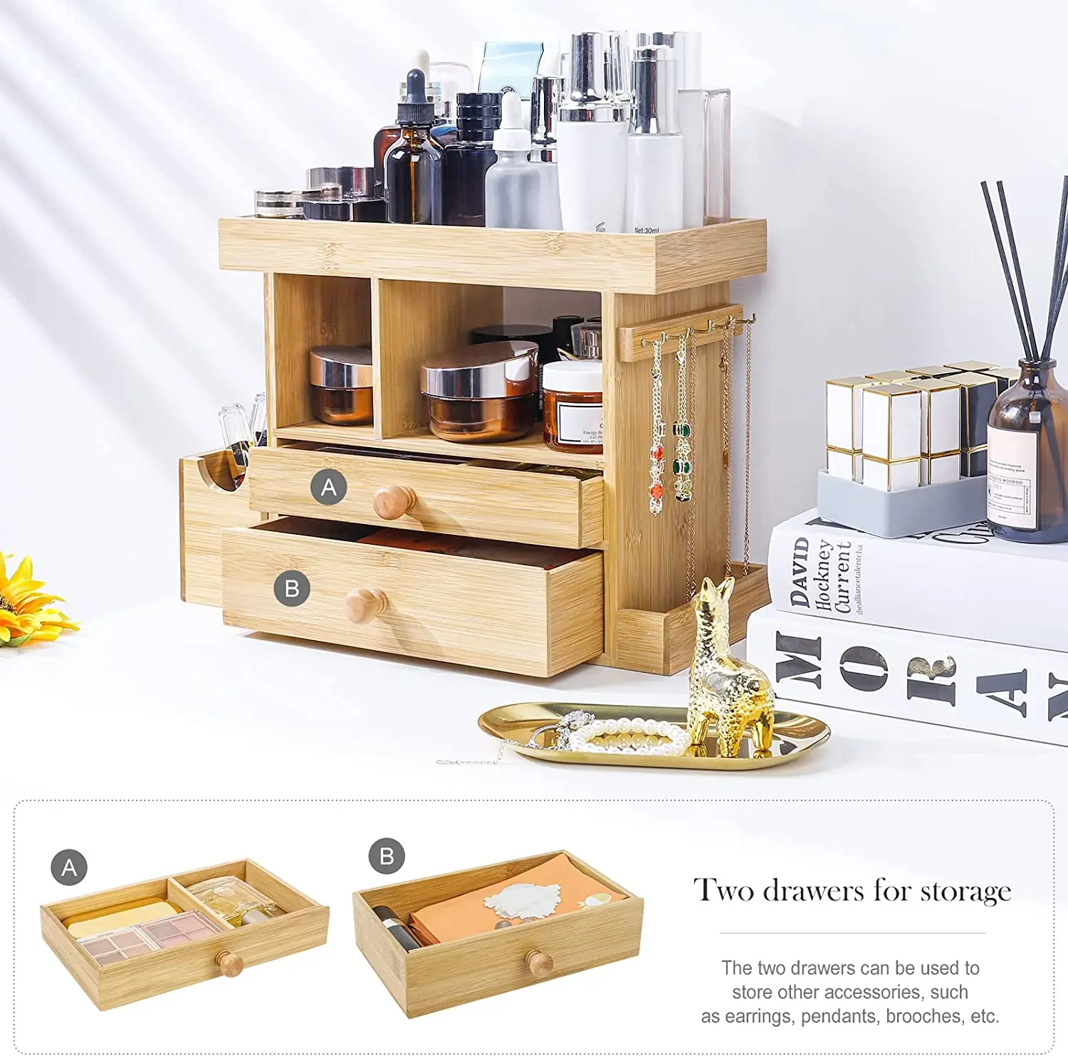 Customizable Bamboo Cosmetics Makeup Organizer Jewelry Display Storage Case Boxes with Drawer