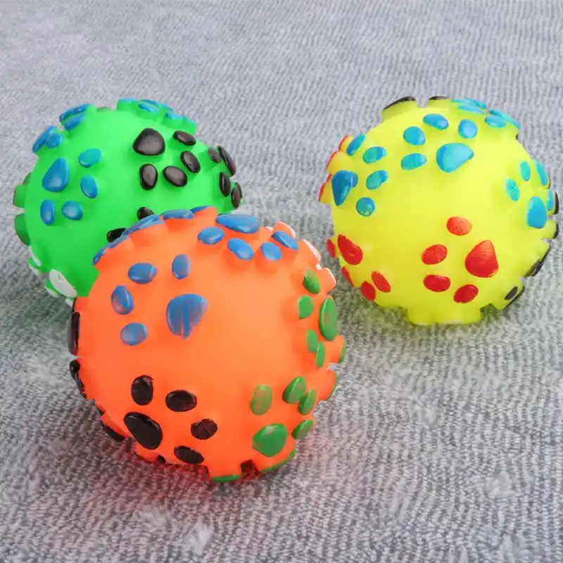 Ball Squeak Playing Toy 7cm Rubber Pet Dog Paw Print Ball Toy Sound Squeaky Squeaker Dog Cat Chew Interactive