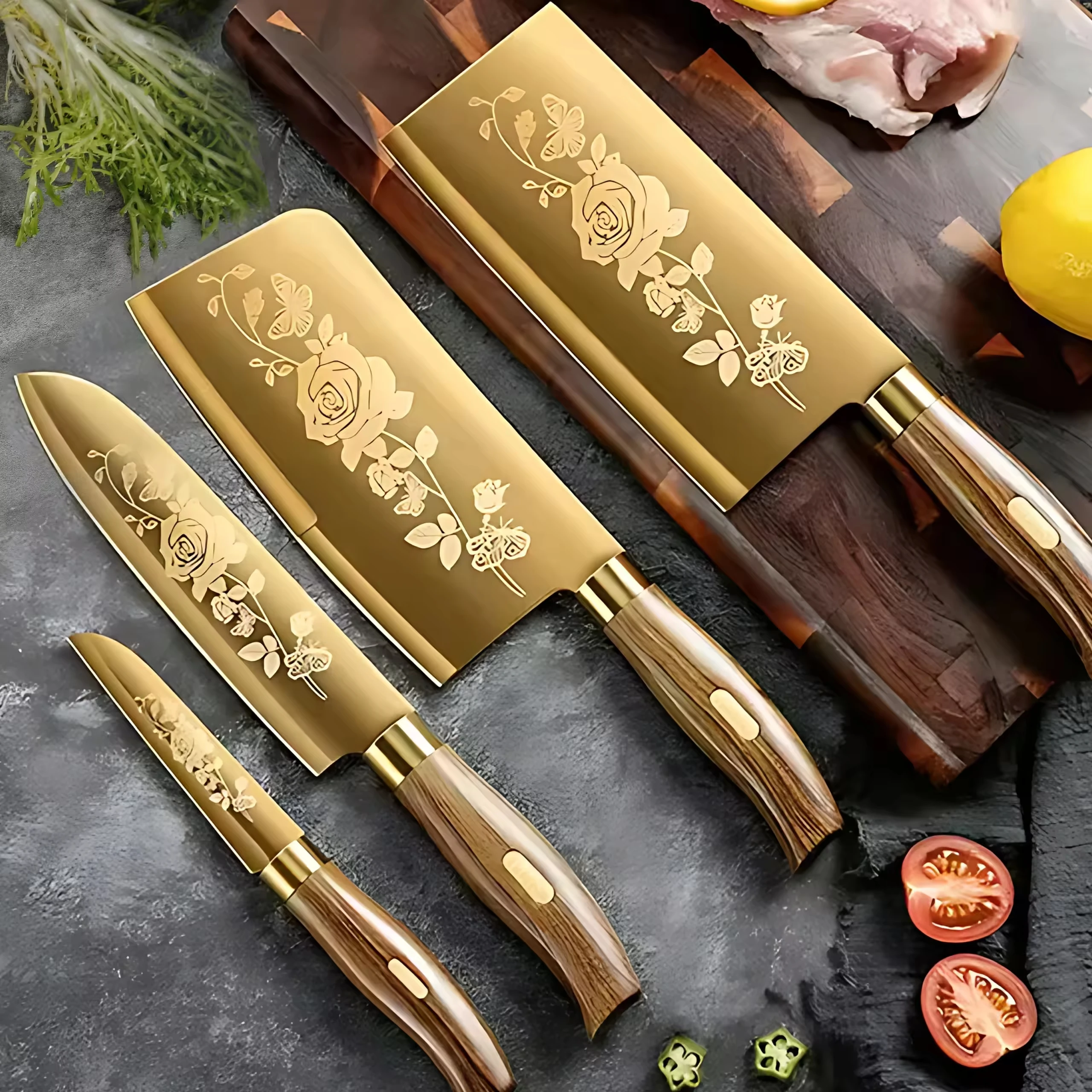 Golden Stainless Steel Household Bone-Chopping Slicing Chef Cooking Tools Kitchen Knife Set Accessories Fruit & Vegetable Tools