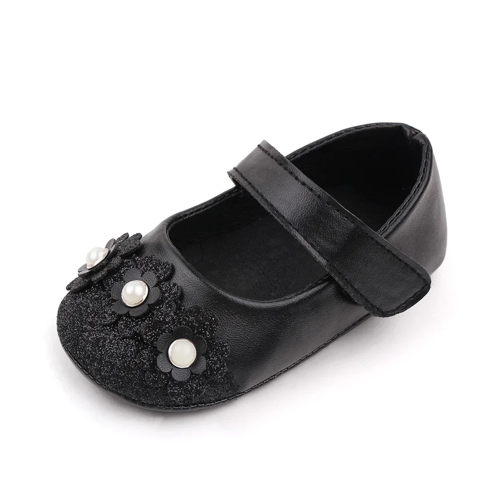 Solid Color PU Leather Glitter Pearl Flower Baby Girls Soft Soled Cute Princess Shoes supplier