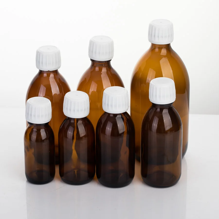 DIN 28 Pharmacy Bottle 30ml 60ml 100ml 125ml 150ml 200ml 250ml 300ml 500ml Amber Coffee Glass Bottles with crc caps