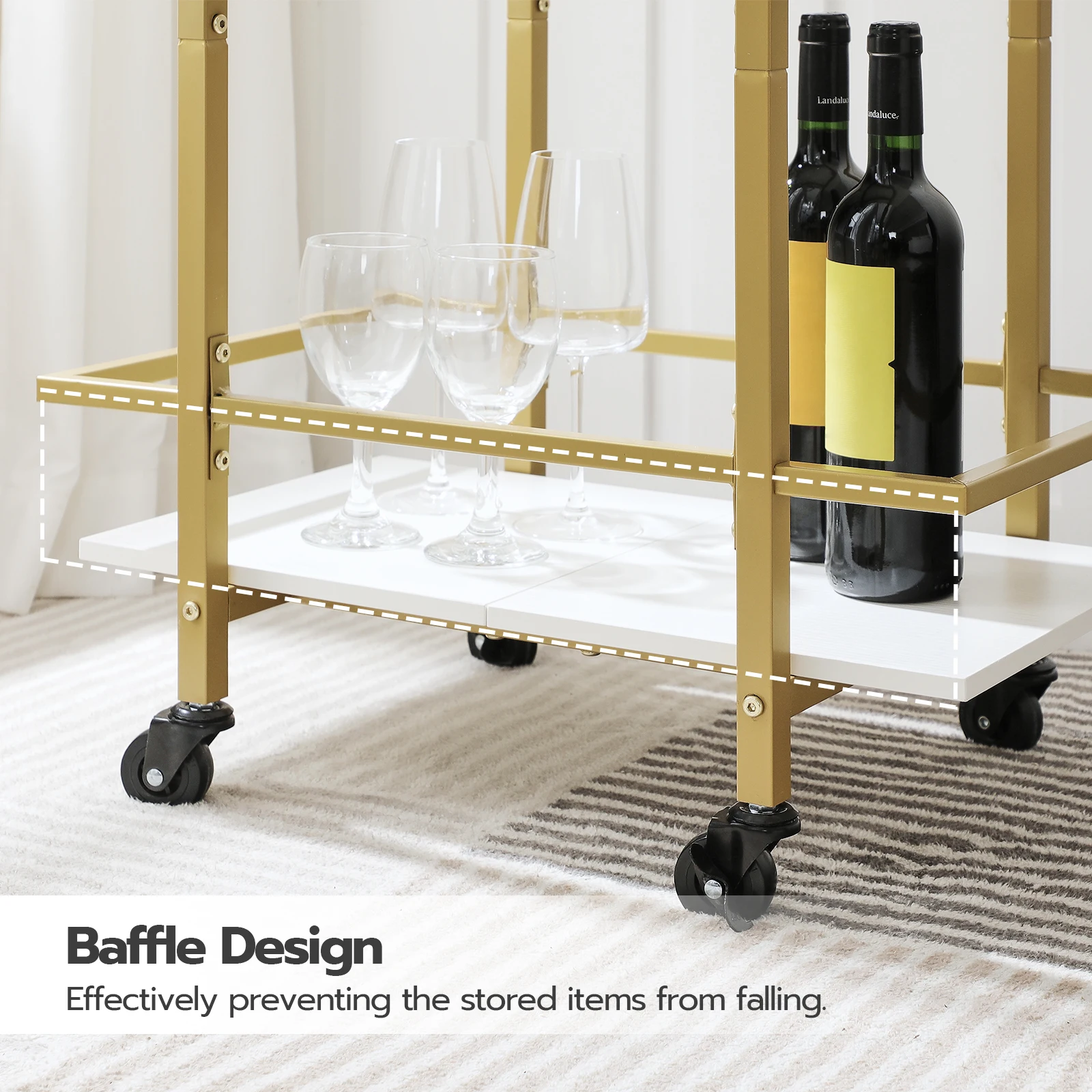 Wholesale Gold Luxury Kitchen Bar Cart Serving Carts Rolling Trolley 2-tier Wine Trolley Kitchen Cart on Wheels with Wine Rack