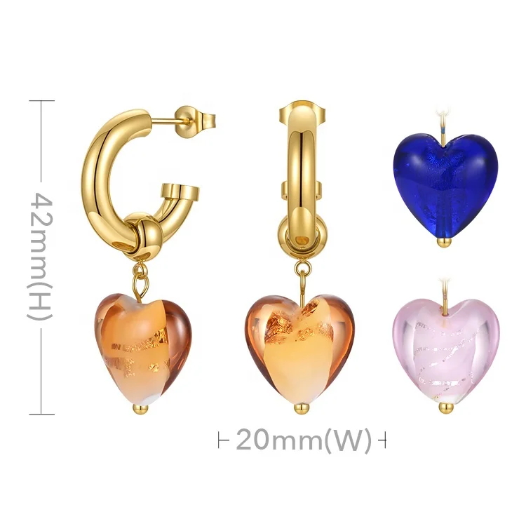 Fashion High Quality 18K Gold Plated Stainless Steel Jewelry Heart  Shaped Crystal Glass Pendant Hoop Earrings E211299