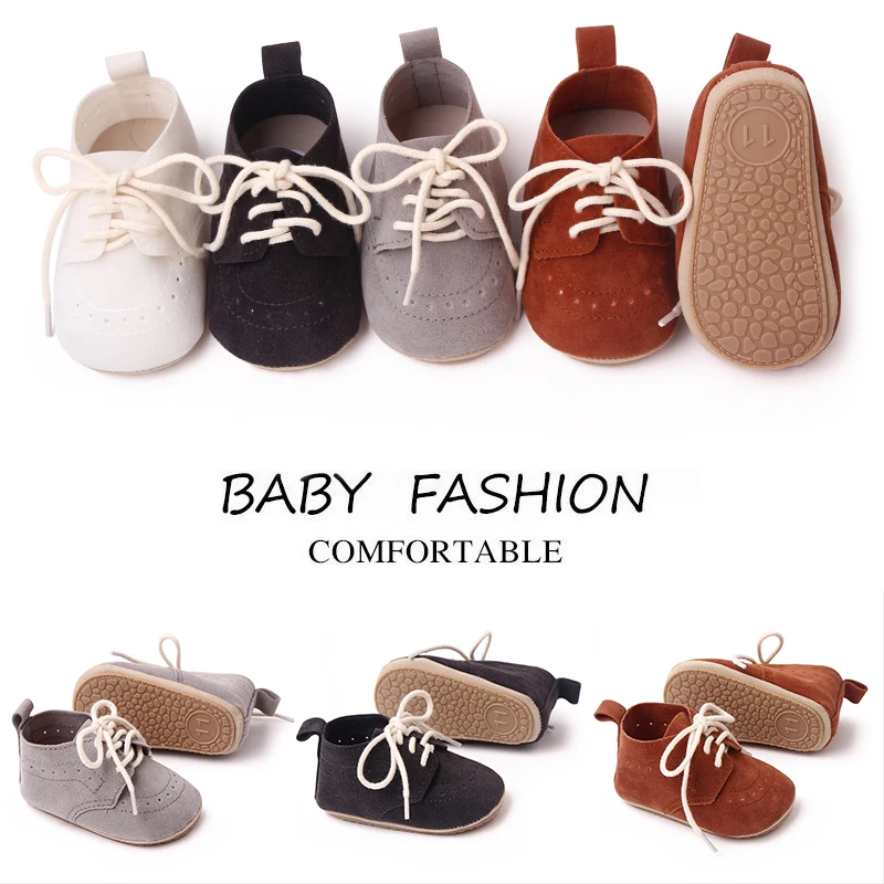 British Style Solid Color Sanded Leather Baby Non-slip Bow Front Lace-up Toddler Shoes factory