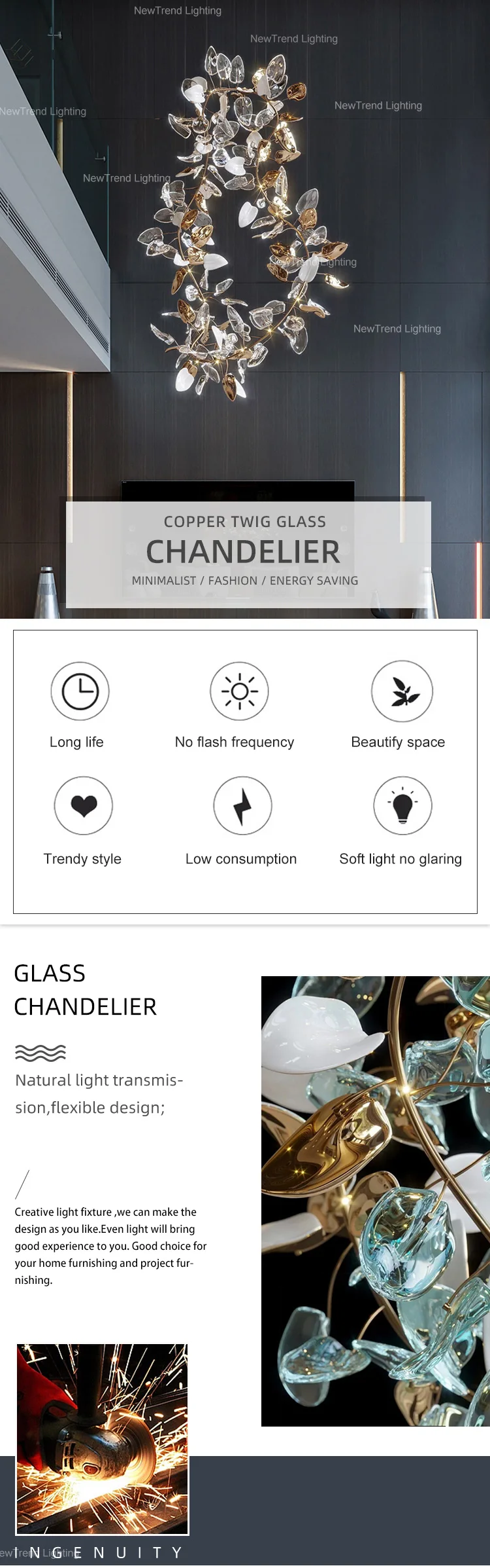 CPL-192 New Design Various Shape Twig Indoor Decoration Hotel Villa Staircase Modern LED Glass Chandelier details