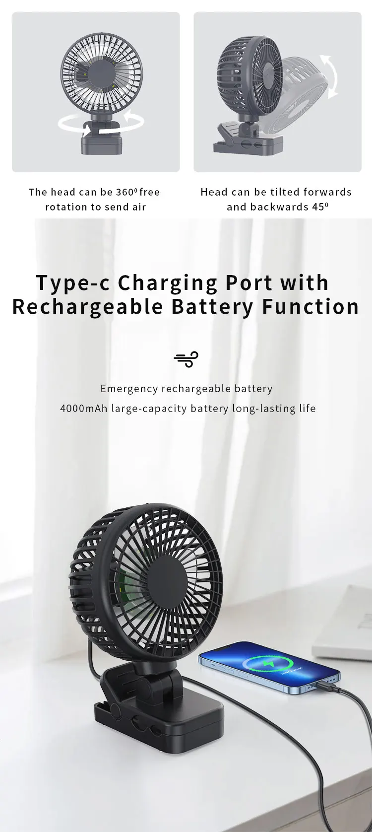 Table Fan, 4000mAh, USB, Portable - detail 12