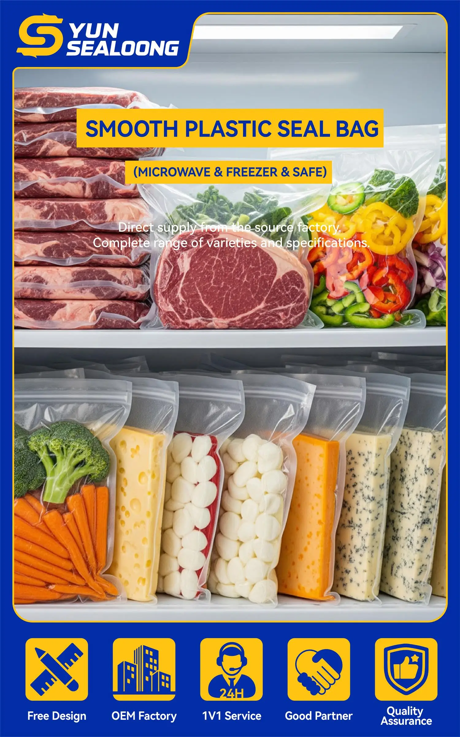 Customized Size Smooth Plastic Seal Bag Microwave & Freezer Safe Transparent Sushi Noodles Saver for Kitchen Storage