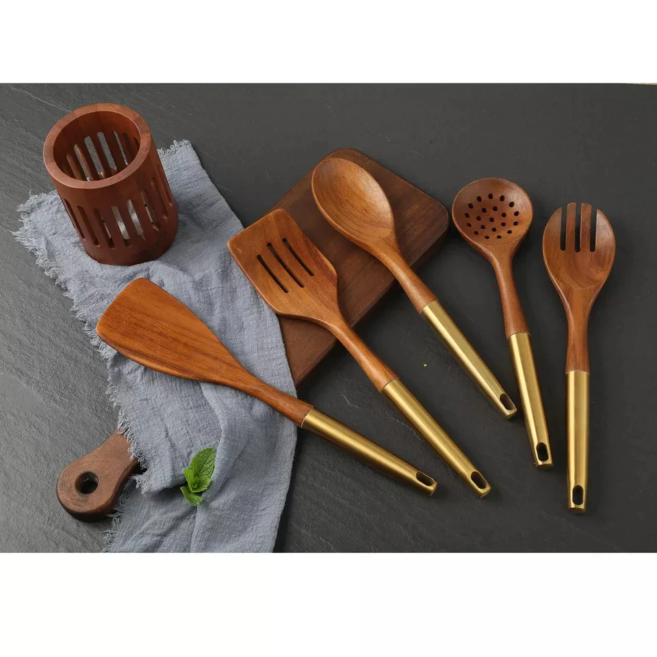 6-Piece Set of Wooden Kitchen Accessories with Gold Stainless Steel Handle Cooking Gadgets and Utensils