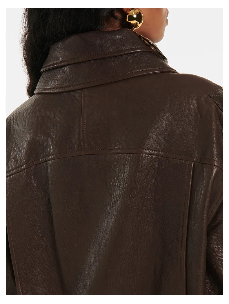 New Heavy Workmanship Goatskin Retro Unisex Button up Collar Solid Genuine Leather Motorcycle Jacket Autumn Women manufacture