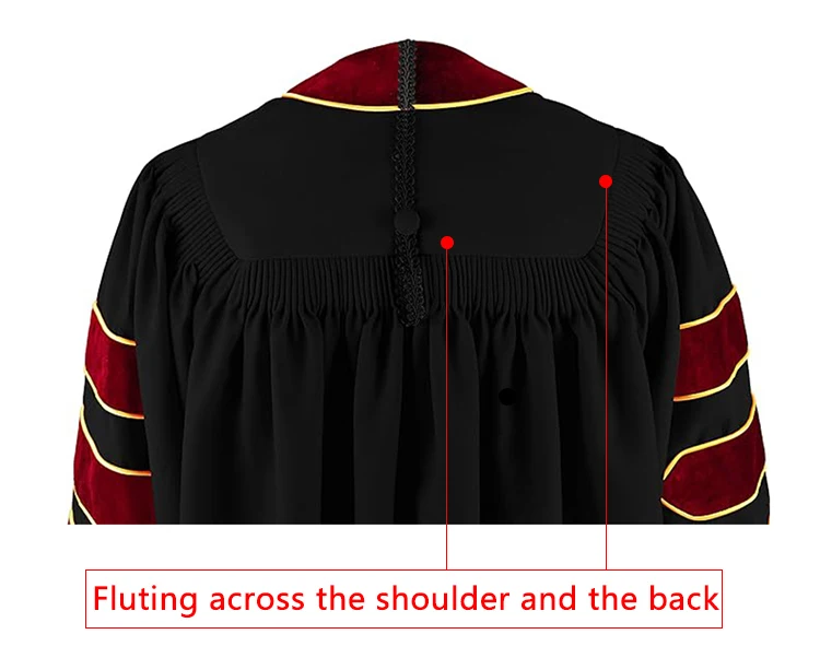 Quality stitching detail on doctoral regalia piping Close-up of stitched gold piping on velvet bars