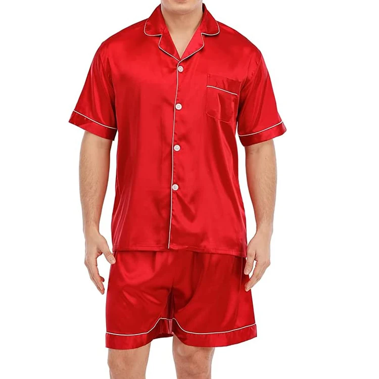 men satin pajamas set custom short sleeve sleepwear with short pajamas pants men's button down silk pajamas
