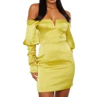 New Design Satin Party Dress Bardot Detail V Neck Off Shoulder Ruffled Sleeve Bodycon Dress