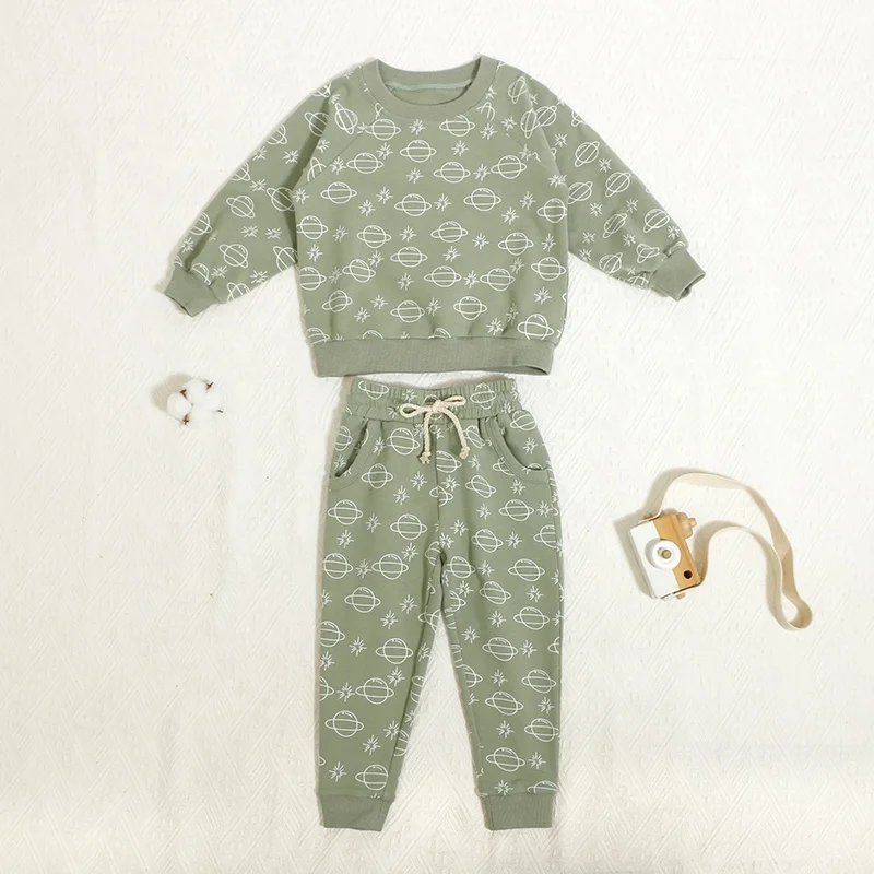 Custom printing autumn baby outfits organic cotton kids sets elastic waistband with drawstring unisex sweatsuit