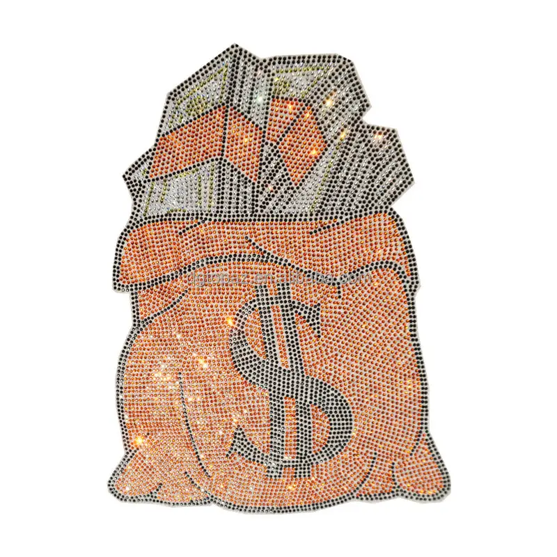 Red money bag Rhinestone Heat Transfer Crystal Patch Clothing Repair Hot Fix Applique for T-Shirts Vest Shoes