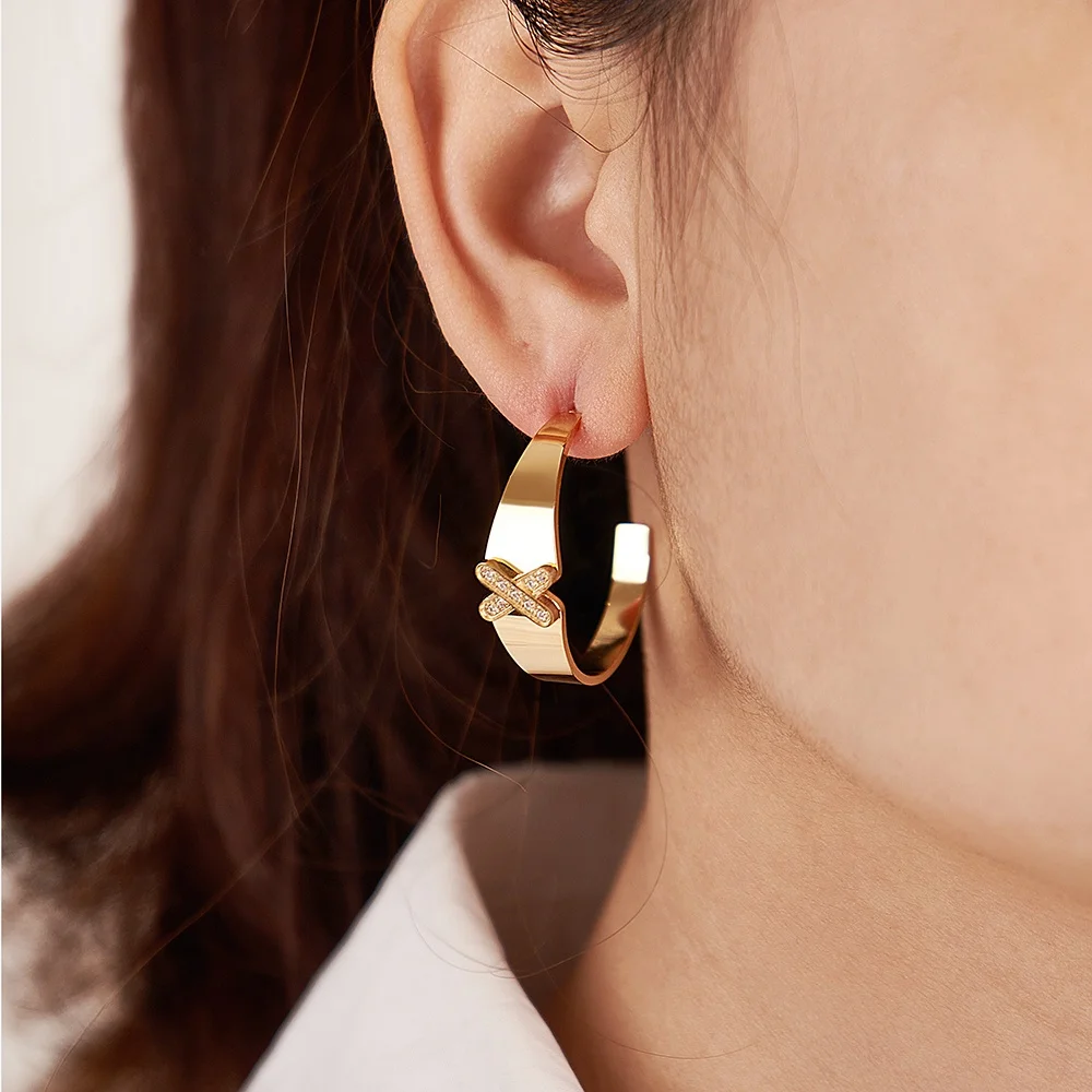 Latest 18K Gold Plated Stainless Steel Jewelry X Shape Zircon Hoop Earring Trendy For Women Accessories Earrings E231506