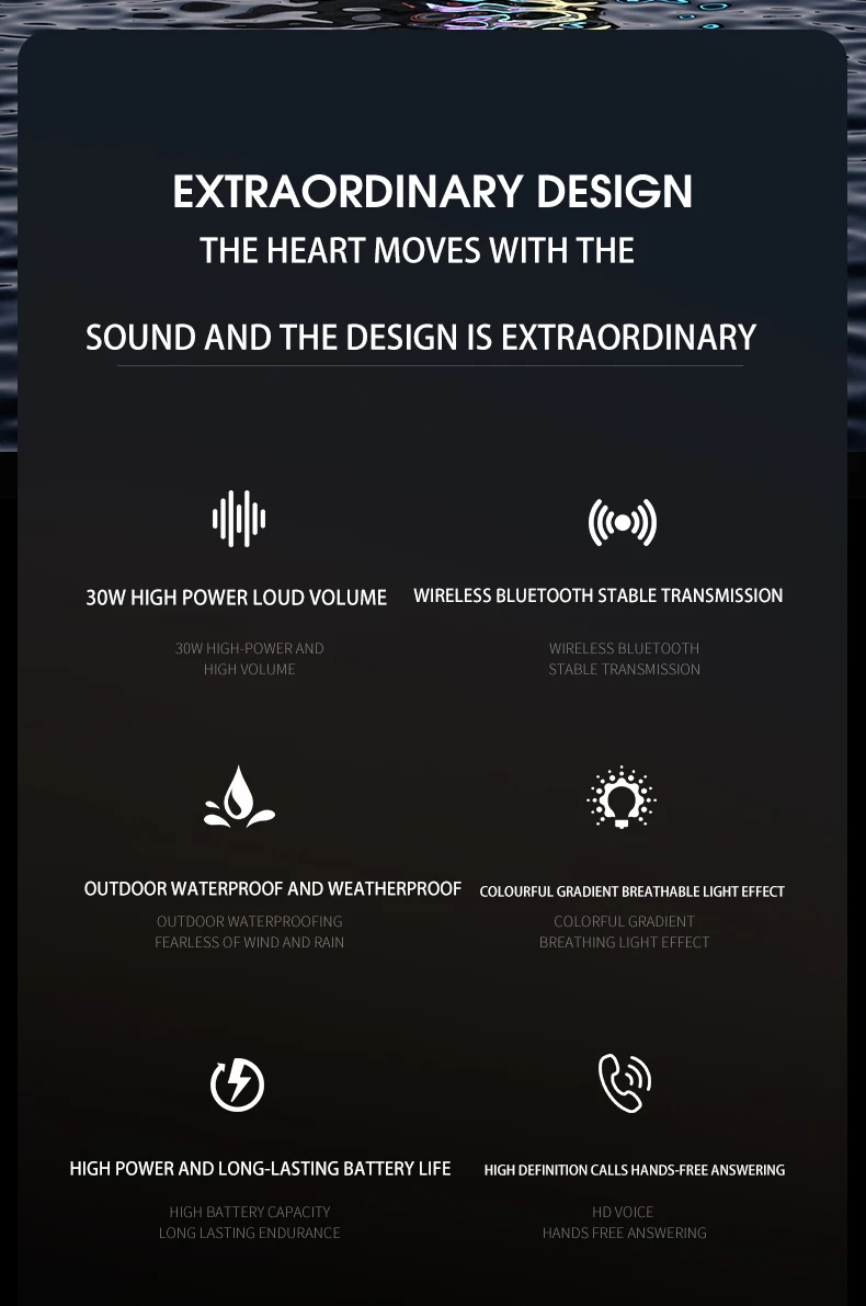 Outdoor 30W 4000mAh Portable with Hand Strap RGB Light Speaker Waterproof Wireless Bluetooth Heavy Loud Bass Audio Speaker