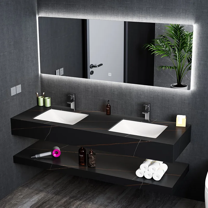 Tarpul Marble Double Washbasin Sink With Mirror Artificial Stone Cabinet Basin Wall Hung Bathroom Vanity Slab Basin details
