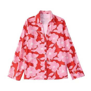 Turn down collar long sleeve red color pink floral print women's stylish blouses & shirts
