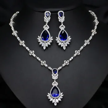 Indian bridal silver 925 jewelry sets wedding high quality blue green zircon pendant necklace drop earrings set for women
