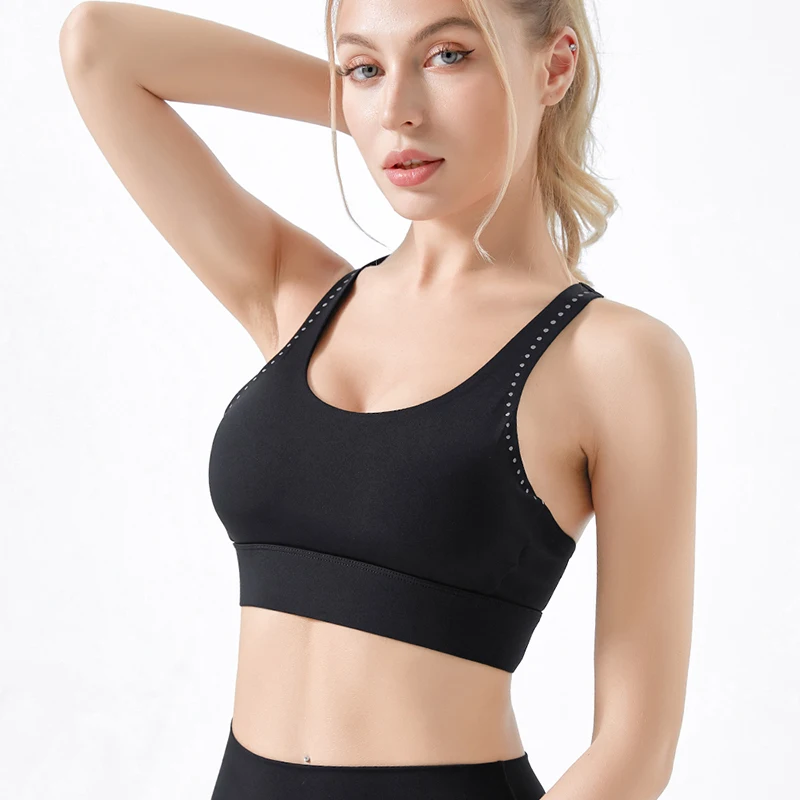 2023 Hot Sell Wider Cross Strap Mesh Stitching Gym Yoga Cutout Sport Bra Ajustable For Women Fitness