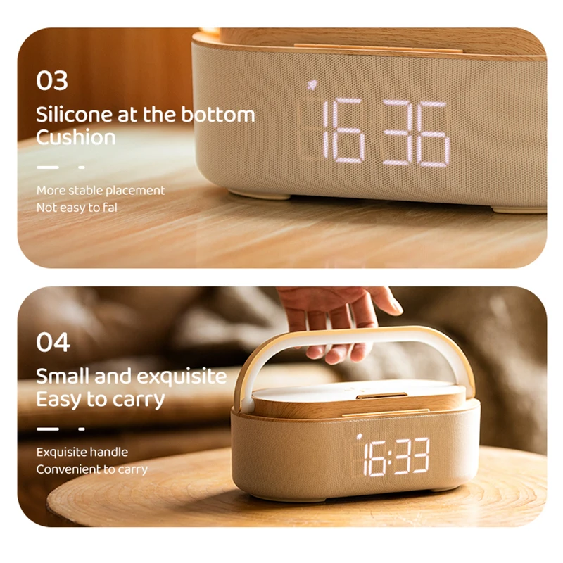 Digital Alarm Clock Bluetooth Speaker with Wireless Charging phone stand wireless speaker with warm night light