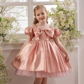 Catpapa Kids Party Evening Dresses Princess Satin Bow Pearl Pink Puff Sleeve Knee-Length for Summer Birthday Celebrations