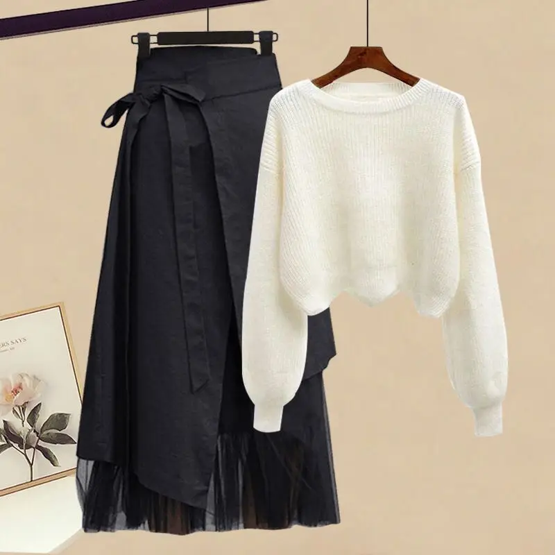 Large Size Women's Spring Solid Chenille Two-Piece Set New Fake-Slimming Shirt Top and Midi Skirt manufacture