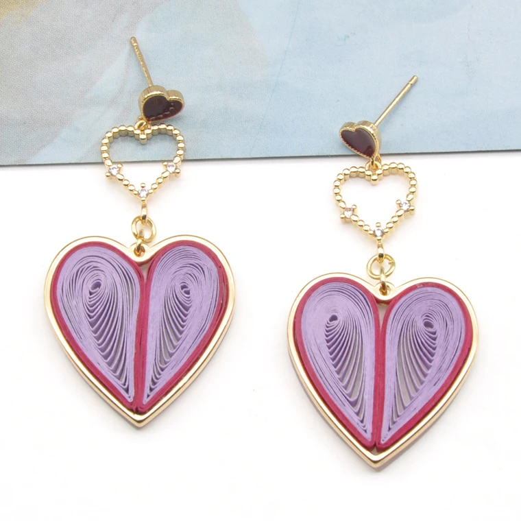 Newest design china fold paper art ear jewelry for women stylish gold heart earrings