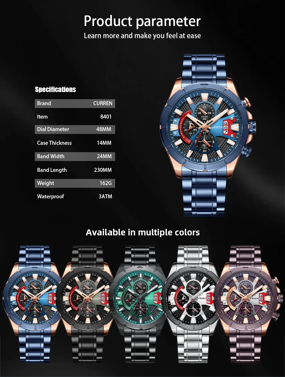 CURREN 8401 Quartz Movement Fashion Leather Band Watch Chronograph