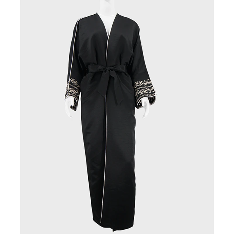 Long Sleeve Abayas With Belt Islamic Clothing Tassel Embroidery Maxi Dress Women Jilbabs Open Front Abaya Muslim Kaftans supplier