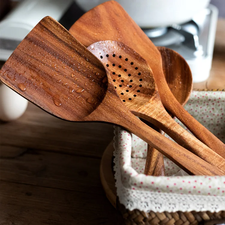 100% Natural  Set of 8pcs  with Holder Hooks  Tray Durable Teak Wood Nonstick Kitchen  Wooden Utensils for Cooking Set